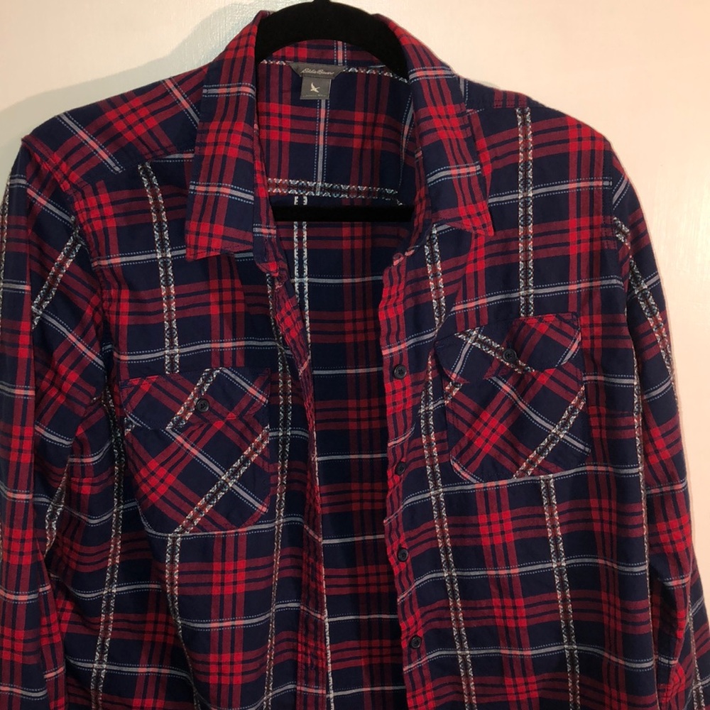 Eddie Bauer 100% cotton red and navy shirt.